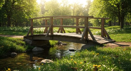 A wooden bridge spans a tranquil stream in a city park, surrounded by lush greenery and sunlight filtering through the trees
