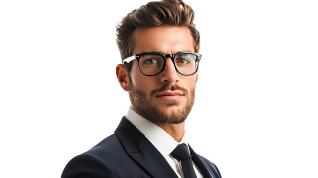 Smart Professional in Formal Attire: A confident, smartly dressed professional with spectacles poses in a studio setting, ready for a new adventure.