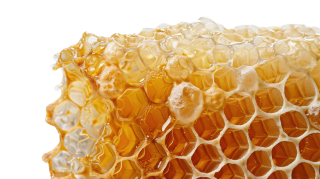Golden Honeycomb: A close-up view of a natural honeycomb overflowing with golden honey, showcasing the intricate hexagonal cells and the rich, glistening texture.
