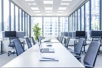 Fototapeta premium Modern Office Interior with Desk, Laptops, and City View