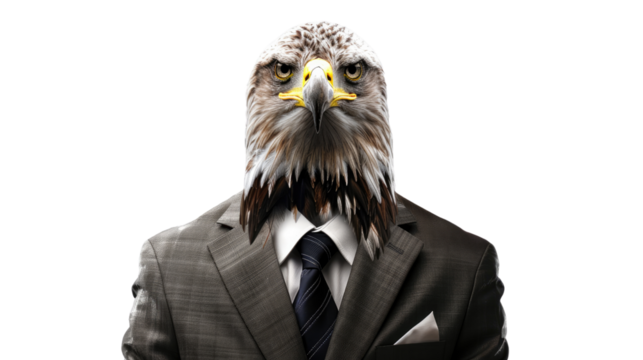 "Eagle-Headed Executive: A surreal fusion of nature and business, presenting an eagle's head in place of a human's, wearing a tailored suit, evoking power and focus.