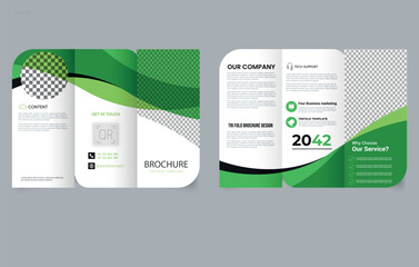 Professional Trifold brochure template with green waves for corporate design. Flyer Mockup.