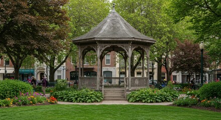 Obraz premium A historic gazebo stands elegantly in a vibrant green city plaza surrounded by lush trees and colorful flowers