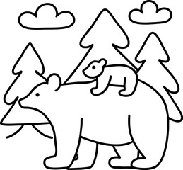 Bear Fathers Day,bear and its cub are depicted forest setting, surrounded by trees and clouds, symbolizing love and protection