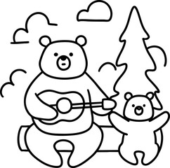Bear Fathers Day,bear father plays guitar with his cub in forest setting, evoking warm, joyful atmosphere