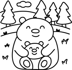 Bear Fathers Day,Cute bear illustration with parent bear hugging its cub in forest setting, evoking warmth and love