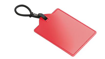 Fototapeta premium Blank Red Luggage Tag: A blank, red luggage tag with a black strap, ideal for travel, showcasing a simple, clean design, perfectly captures a sense of readiness for adventure.
