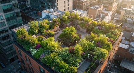 Obraz premium Vibrant urban rooftop gardens flourish with greenery and colorful flowers in the heart of the city, showcasing sustainable living amidst the concrete landscape