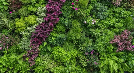 Lush green wall features a variety of plant textures and colors, showcasing vibrant foliage and delicate flowers, perfect for nature-themed designs