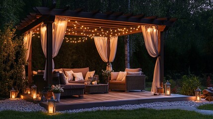 Night-Time Patio with Pergola, String Lights, and Wicker Furniture