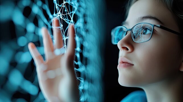 A person interacting with abstract lines that transform into neural networks . 