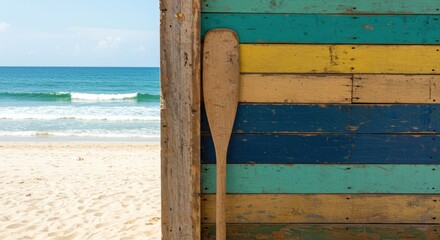 Colorful beach shack with paddle by the sea under a clear blue sky