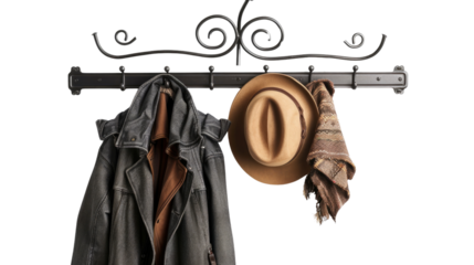 Vintage Hallway Coat Rack: A timeless hallway coat rack, artfully adorned with an ironwork design, is gracefully displaying a rugged coat, a stylish hat, and a folded scarf.