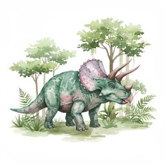 Triceratops in lush prehistoric forest: watercolor dinosaur art