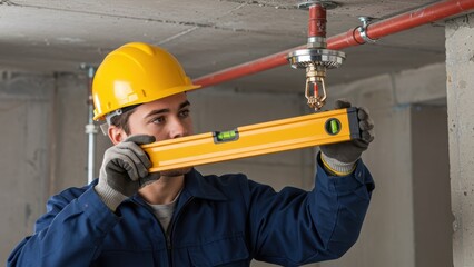 Man checks a fire sprinkler with a yellow level in a construction environment.