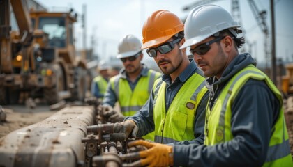 Equipo de trabajadores que utilizan el equipo de seguridad adecuado, como gafas y guantes, mientras trabajan con maquinaria pesada en el sitio