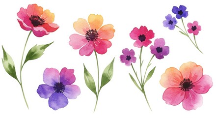 Fototapeta premium Colorful watercolor flowers with vibrant petals and green leaves on white background