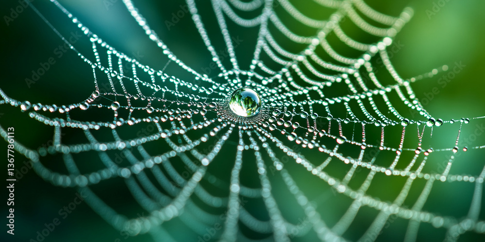 Poster close-up of spiderweb covered in dew drops, showcasing a large central droplet reflecting light, cre