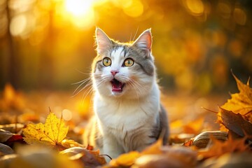 Obraz premium Majestic Old White Tabby Cat Meowing Outdoors in Autumn - Drone Photography