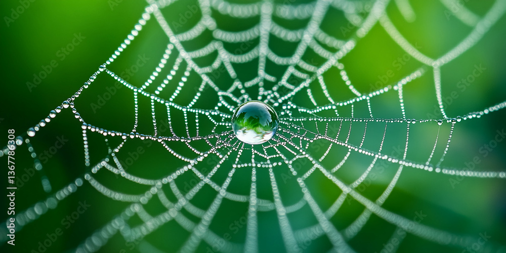 Poster close-up of spiderweb with dew drops, showcasing a large central drop reflecting greenery, symbolizi