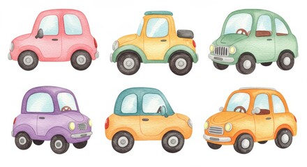 Colorful watercolor cartoon cars set in playful pastel tones