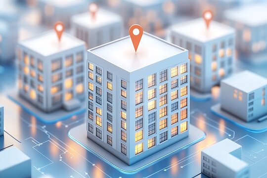 Digital representation of buildings marked with orange location pins