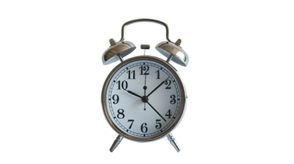 Classic Alarm Clock: A timeless silver alarm clock showcasing the elegance of simplicity. The image, against a pure backdrop, highlights every detail of this vintage timepiece.