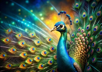 Obraz premium Majestic Peacock Feathers, Iridescent Bird, Stunning Wildlife, Copy Space, Soft Light Photography