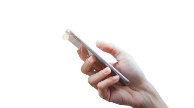 Mobile Interaction: A hand delicately holding a sleek smartphone against a bright background, the scene subtly hinting at the possibilities of connection, communication, and technological advancement.