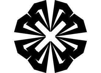 Round black pattern on white background, modern car disc design, snowflake, star. Symmetrical geometric shapes, dynamics, technical style, minimalism. Vector design element. X letter