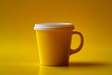 Photo of a plastic coffee mug with a yellow background, representing sustainable drinkware