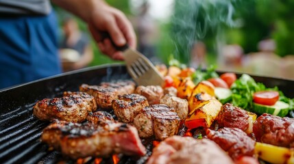 Grilling meat and fresh vegetables during a summer barbecue at a backyard gathering with friends and family