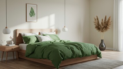 Bedroom with green bedding and wooden accents, a calm and simple design.
