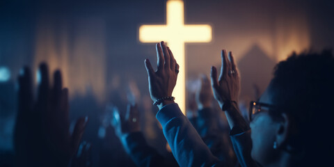 Close-up of raised hands in worship before illuminated cross, symbolizing faith, hope, and religious devotion in a church service