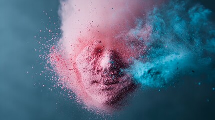 Fototapeta premium Colorful explosion of powder envelops a person's face, capturing a moment of artistic expression in a vibrant setting
