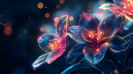 Colorful neon flowers glowing with a holographic effect in dark background. Generative AI