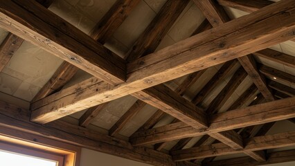 Fototapeta premium Interior shot of a ceiling with exposed wooden beams, architectural design.