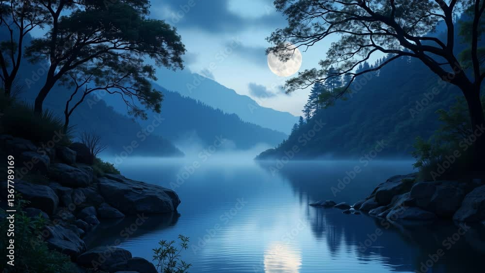 Poster bewitching spell of a moonlit lagoon, where tranquil waters mirror ethereal glow, unveiling a realm 