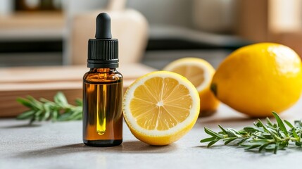 Fresh lemon slices and essential oil bottle create a vibrant natural setting for wellness and aromatherapy exploration