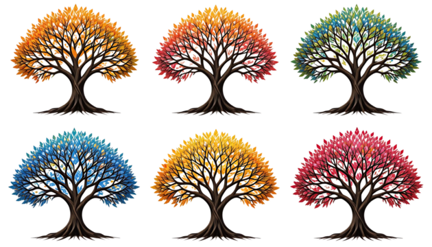 Colorful artistic tree design with golden leaves vibrant magical style