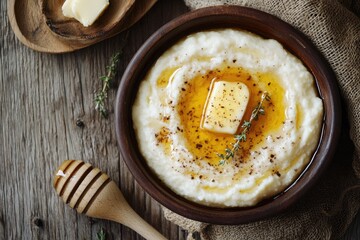 A creamy grits with butter and honey in a bowl