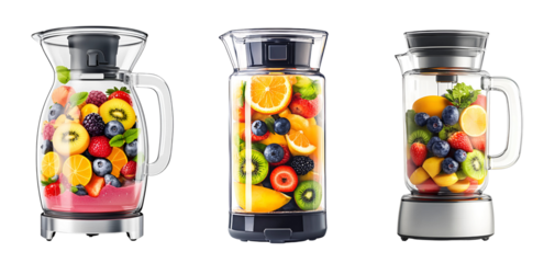 Set of high-speed blender with transparent jar filled with colorful fruit smoothie isolated on a white or transparent background.