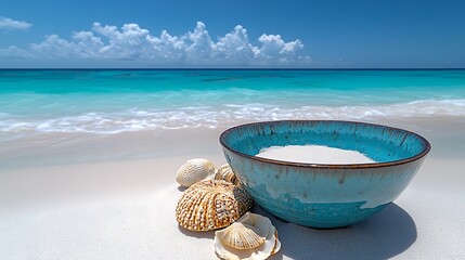 Obraz premium White sand in bowl on beach.