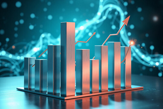 Metallic bar chart with an orange upward arrow indicates financial growth against a blurry blue digital backdrop representing business success and positive trends. - Powered by Adobe