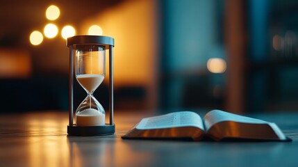 Golden sand flows through an antique hourglass beside an open Bible on a rustic wooden table, softly lit by candlelight, creating a contemplative atmosphere around time