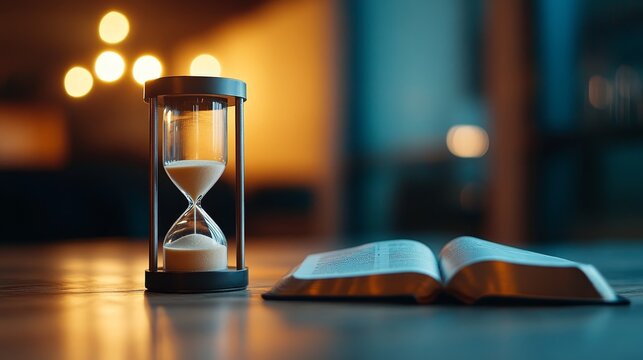 Golden sand flows through an antique hourglass beside an open Bible on a rustic wooden table, softly lit by candlelight, creating a contemplative atmosphere around time