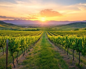 Fototapeta premium Vineyard at Sunset with Mountain View