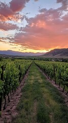 Fototapeta premium Vineyard at Sunset with Mountain Range Background