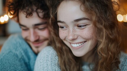 Couple sharing a joyful moment indoors during a cozy evening filled with warm lights and laughter