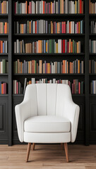 stylish white armchair is positioned in front of colorful bookshelf filled with various books, creating cozy reading nook
